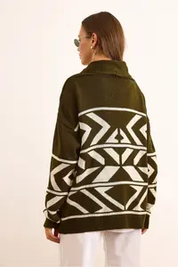 Olalook Women's Khaki Double Buttoned Oversize Knitwear Cardigan - Image 2