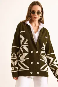 Olalook Women's Khaki Double Buttoned Oversize Knitwear Cardigan - Image 3