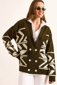 Olalook Women's Khaki Double Buttoned Oversize Knitwear Cardigan - Image 4