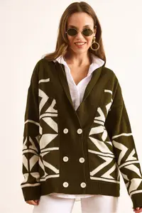 Olalook Women's Khaki Double Buttoned Oversize Knitwear Cardigan - Image 6