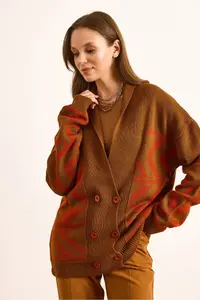Olalook Women's Tan Double Buttoned Oversize Knitwear Cardigan - Image 3
