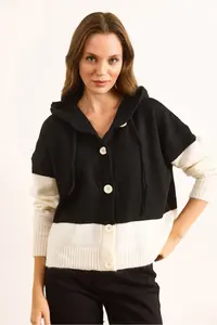 Olalook Women's Black Hooded Buttoned Color Block Knitwear Cardigan - Image 2