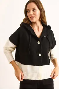 Olalook Women's Black Hooded Buttoned Color Block Knitwear Cardigan - Image 3