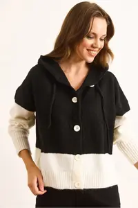 Olalook Women's Black Hooded Buttoned Color Block Knitwear Cardigan - Image 4