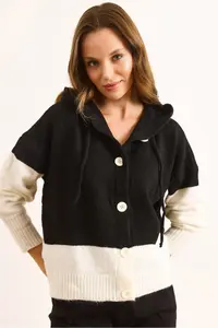 Olalook Women's Black Hooded Buttoned Color Block Knitwear Cardigan - Image 5