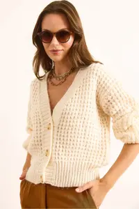 Olalook Women's Ecru 3 Button Soft Textured Knitwear Cardigan