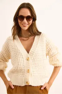 Olalook Women's Ecru 3 Button Soft Textured Knitwear Cardigan - Image 6