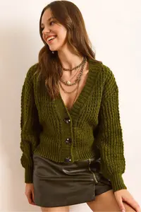 Olalook Women's Oil Green 3 Button Soft Textured Knitwear Cardigan