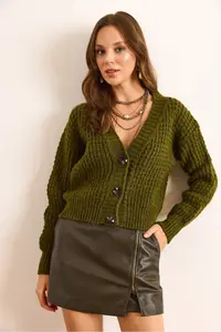 Olalook Women's Oil Green 3 Button Soft Textured Knitwear Cardigan - Image 2