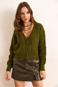 Olalook Women's Oil Green 3 Button Soft Textured Knitwear Cardigan - Image 4