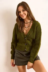 Olalook Women's Oil Green 3 Button Soft Textured Knitwear Cardigan - Image 6