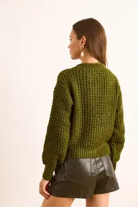 Olalook Women's Oil Green 3 Button Soft Textured Knitwear Cardigan - Image 7