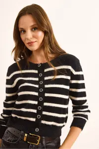Olalook Women's Black Striped Button Detailed Soft Textured Beard Cardigan - Image 2
