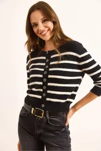 Olalook Women's Black Striped Button Detailed Soft Textured Beard Cardigan - Image 4