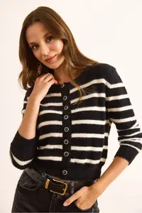 Olalook Women's Black Striped Button Detailed Soft Textured Beard Cardigan - Image 5