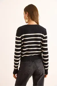 Olalook Women's Black Striped Button Detailed Soft Textured Beard Cardigan - Image 6