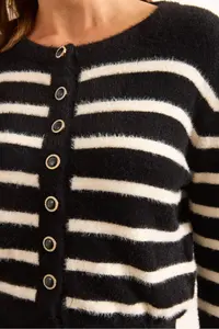 Olalook Women's Black Striped Button Detailed Soft Textured Beard Cardigan - Image 7