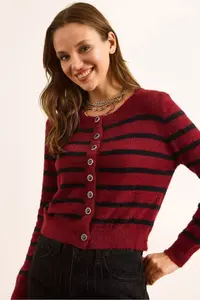 Olalook Women's Burgundy Striped Button Detailed Soft Textured Beard Cardigan