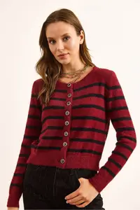 Olalook Women's Burgundy Striped Button Detailed Soft Textured Beard Cardigan - Image 2