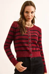 Olalook Women's Burgundy Striped Button Detailed Soft Textured Beard Cardigan - Image 3