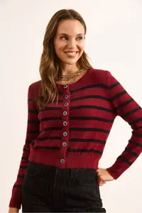 Olalook Women's Burgundy Striped Button Detailed Soft Textured Beard Cardigan - Image 4