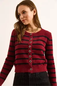 Olalook Women's Burgundy Striped Button Detailed Soft Textured Beard Cardigan - Image 5