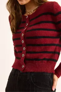 Olalook Women's Burgundy Striped Button Detailed Soft Textured Beard Cardigan - Image 6