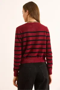 Olalook Women's Burgundy Striped Button Detailed Soft Textured Beard Cardigan - Image 7