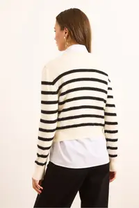 Olalook Women's Ecru Striped Button Detailed Soft Textured Beard Cardigan - Image 2