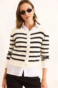 Olalook Women's Ecru Striped Button Detailed Soft Textured Beard Cardigan - Image 3