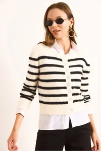 Olalook Women's Ecru Striped Button Detailed Soft Textured Beard Cardigan - Image 4