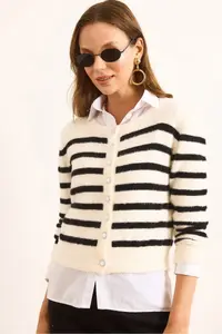 Olalook Women's Ecru Striped Button Detailed Soft Textured Beard Cardigan - Image 5