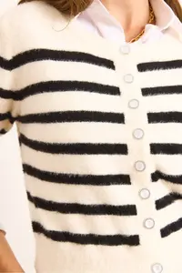 Olalook Women's Ecru Striped Button Detailed Soft Textured Beard Cardigan - Image 6