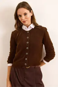 Olalook Women's Brown Crew Neck Button Detailed Basic Beard Cardigan - Image 2