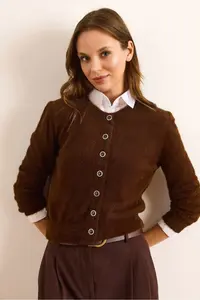 Olalook Women's Brown Crew Neck Button Detailed Basic Beard Cardigan - Image 3