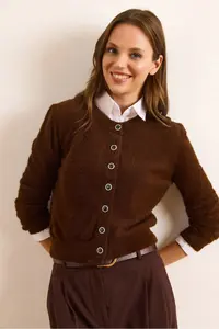 Olalook Women's Brown Crew Neck Button Detailed Basic Beard Cardigan - Image 4