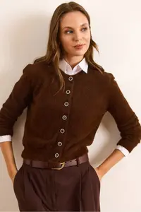 Olalook Women's Brown Crew Neck Button Detailed Basic Beard Cardigan - Image 5