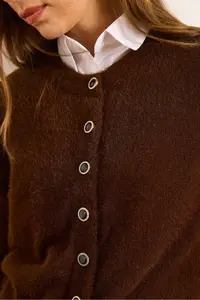 Olalook Women's Brown Crew Neck Button Detailed Basic Beard Cardigan - Image 6