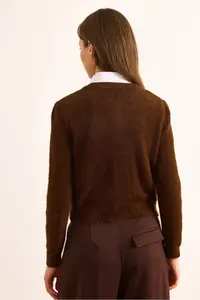 Olalook Women's Brown Crew Neck Button Detailed Basic Beard Cardigan - Image 7