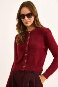 Olalook Women's Claret Red Crew Neck Button Detailed Basic Beard Cardigan