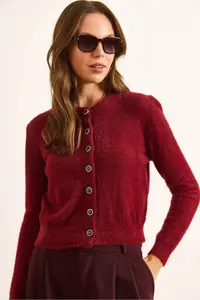 Olalook Women's Claret Red Crew Neck Button Detailed Basic Beard Cardigan - Image 2