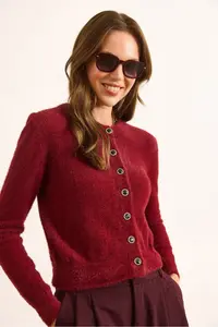 Olalook Women's Claret Red Crew Neck Button Detailed Basic Beard Cardigan - Image 3