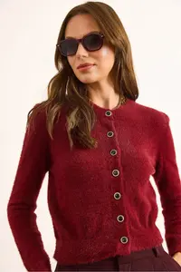 Olalook Women's Claret Red Crew Neck Button Detailed Basic Beard Cardigan - Image 4