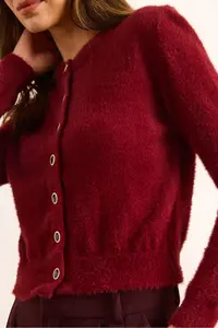 Olalook Women's Claret Red Crew Neck Button Detailed Basic Beard Cardigan - Image 5