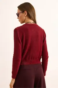 Olalook Women's Claret Red Crew Neck Button Detailed Basic Beard Cardigan - Image 6