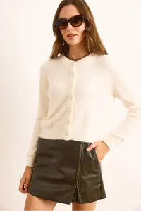 Olalook Women's Ecru Crew Neck Button Detailed Basic Beard Cardigan - Image 2