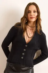 Olalook Women's Black Collar Button Detailed V Beard Cardigan - Image 4