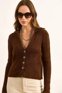 Olalook Women's Brown Collar Button Detailed V Beard Cardigan - Image 2