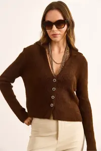 Olalook Women's Brown Collar Button Detailed V Beard Cardigan - Image 3