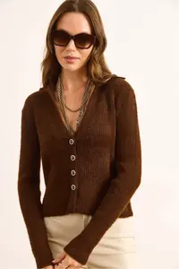 Olalook Women's Brown Collar Button Detailed V Beard Cardigan - Image 4